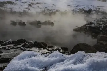 Bitlis Güroymak Budaklı Kaplıcası, kar, termal su, buhar ve mandalar