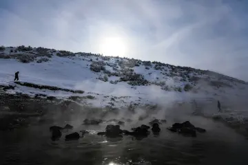 Bitlis Güroymak Çukur Kaplıcası, sıcak suda mandalar ve karlı kış manzarası