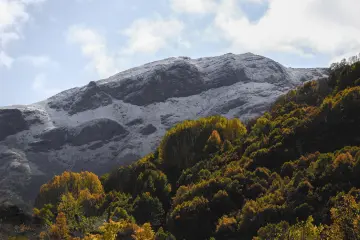 Dersim Pülümür sonbahar ormanları ve karla kaplı dağ zirvesi