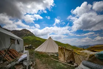 Dersim yaylalarında dağlar arasında kurulan çadırlar, geleneksel yayla yaşamını ve doğal dağ manzarasını yansıtıyor.