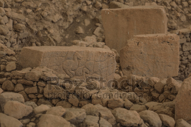 Göbeklitepe'de bulunan kabartmalı taş blok ve Neolitik hayvan figürlerinin yakın plan görünümü.