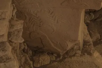Göbeklitepe'de bulunan taş blok üzerindeki yırtıcı kuş kabartmasının yakın plan görünümü ve Neolitik Dönem taş işçiliği.