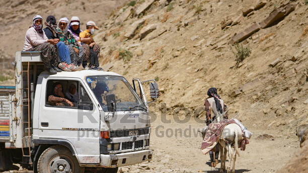 Hakkari yaylasında kamyonetle yolculuk yapan kadınlar ve çocuklar
