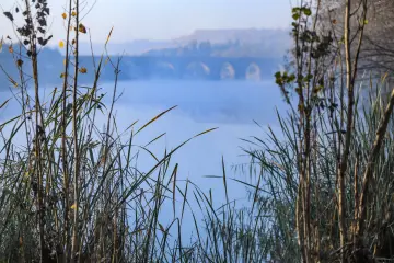 On Gözlü Köprü ve Dicle Nehri'nin sazlıklar arasından görülen sisli manzarası